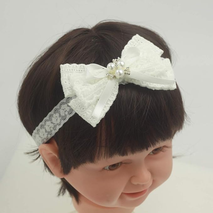 White Baby Bow Headband for Baptism Christening Satin Lace Hair Band with Cross for Toddler (B-white lace bow with imitation pearl, 0-6 months)