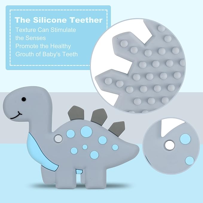 Baby Teething Toys for Babies 3-6 6-12 Months, Dinosaur Teether Pain Relief Toy with One Piece Design Pacifier Clip Holder Set, Freezer Safe Neutral Shower Gift for Boys and Girls (Grey)