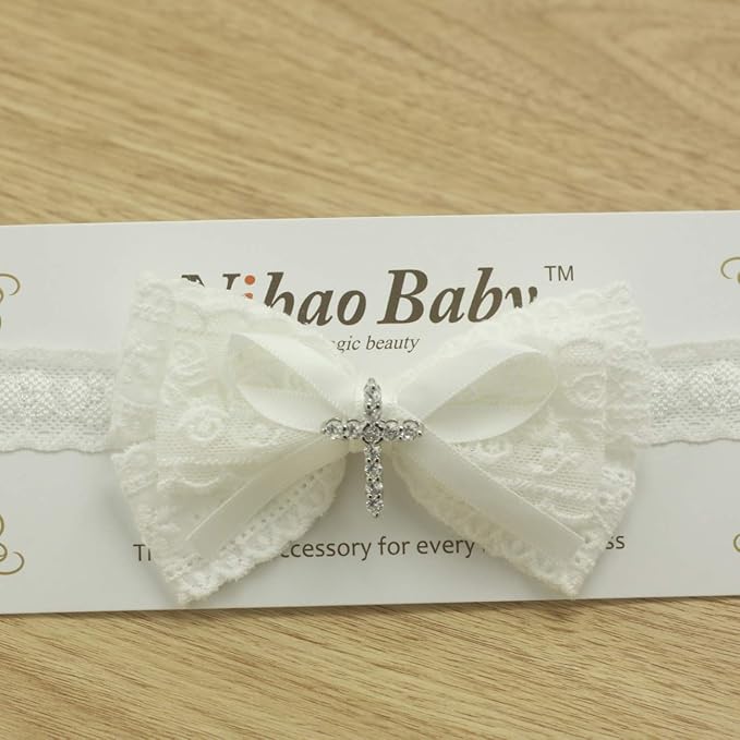 White Baby Bow Headband for Baptism Christening Satin Lace Hair Band with Cross for Toddler (B-white lace headband for baptism, 0-6 months)