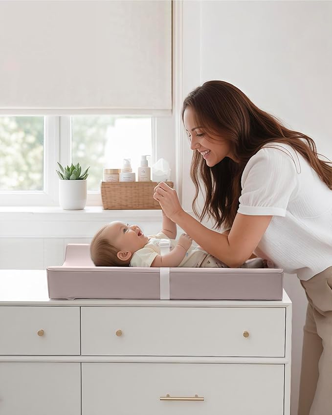 Blissful Diary Vegan Leather Baby Changing Pad with Waterproof & Wipe-Clean PU Cover, Standard Size Cozy Diaper Changing Pad for Dresser and Table, Taupe