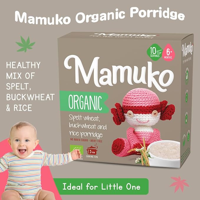 MAMUKO Organic Porridge - Healthy Porridge Blend of Spelt, Buckwheat & Rice - High Fiber Porridge with No Added Sugar, Milk & Preservatives - Organic Porridge Ideal for Toddlers - 2 Pack (10 Servings)