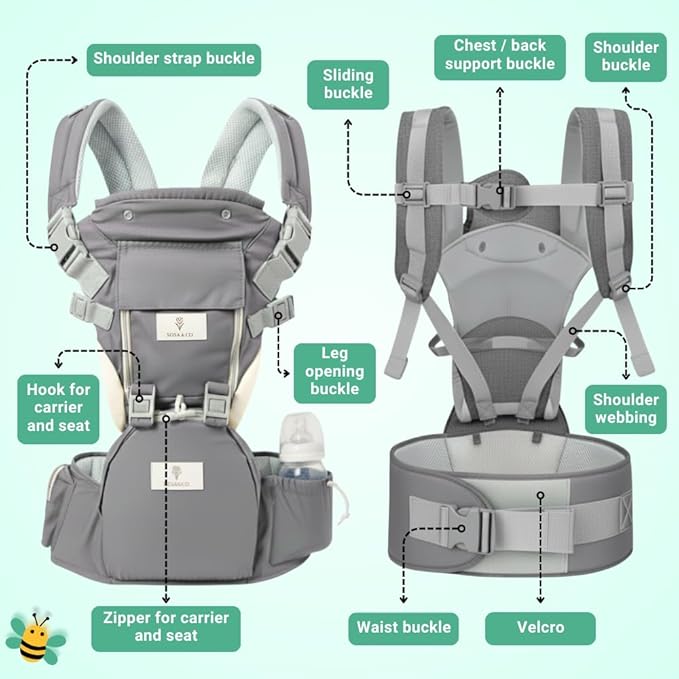 Baby Hip Carrier with Seat Ergonomic Carrier for Newborns to Toddlers, Multi-Position Design with Back Support, Breathable and Adjustable for Comfortable Baby Travel (Grey)
