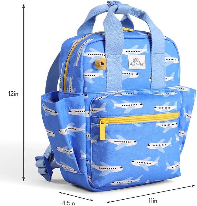 Itzy Ritzy Toddler Backpack - Daycare Bag - Features Adjustable Shoulder Straps, 2 Side Pockets & Spacious Interior with Wipeable Fabric Lining & Name Label, Airplane