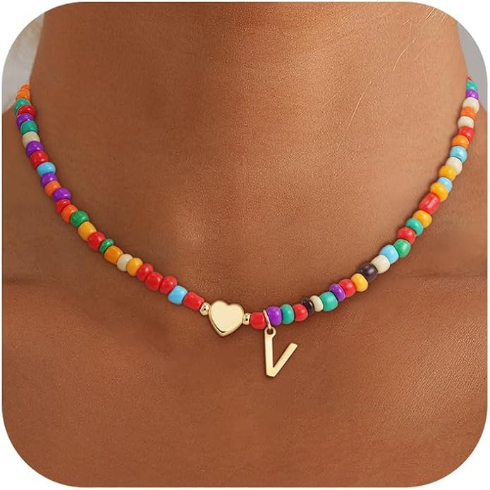 Valentines Day Gifts for Kids Women Girls - Colorful Beaded Initial Necklace Teen Girls Trendy Stuff Dainty Letter Choker Necklace Valentines Day Gifts for Her Mom Wife Jewelry