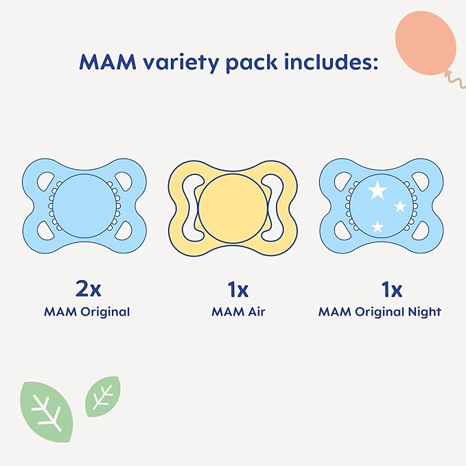 MAM Variety Pack Baby Pacifier, Includes 3 Types of Pacifiers, Nipple Shape is Developed with Dentists, 0-6 Months, Unisex, 4 Count (Pack of 1)