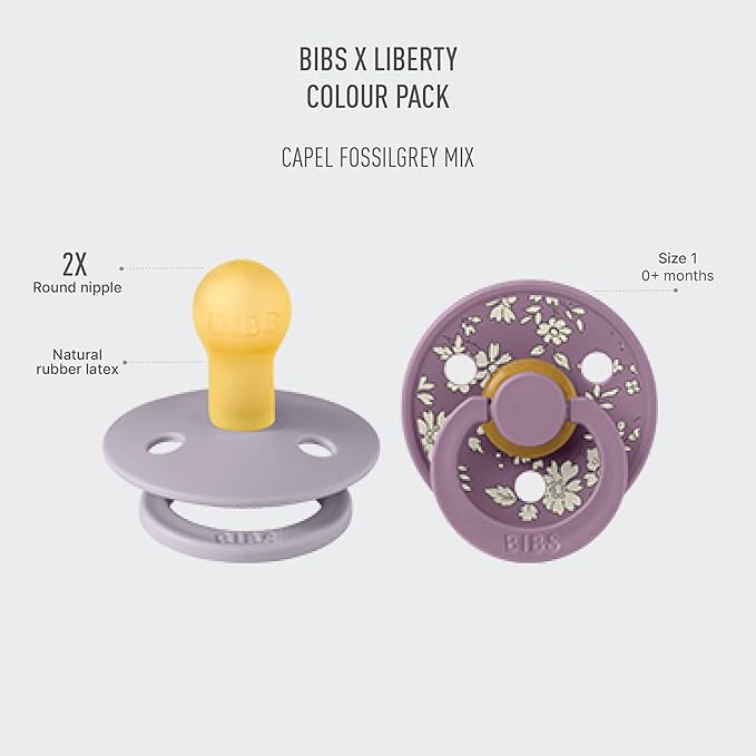 BiBS Liberty Pacifier 2-Pack, BPA Free Pacfiers with Natural Latex Round Nipple, Made in Scandinavia, Size 1 (0-6 Months), Capel Fossil Grey