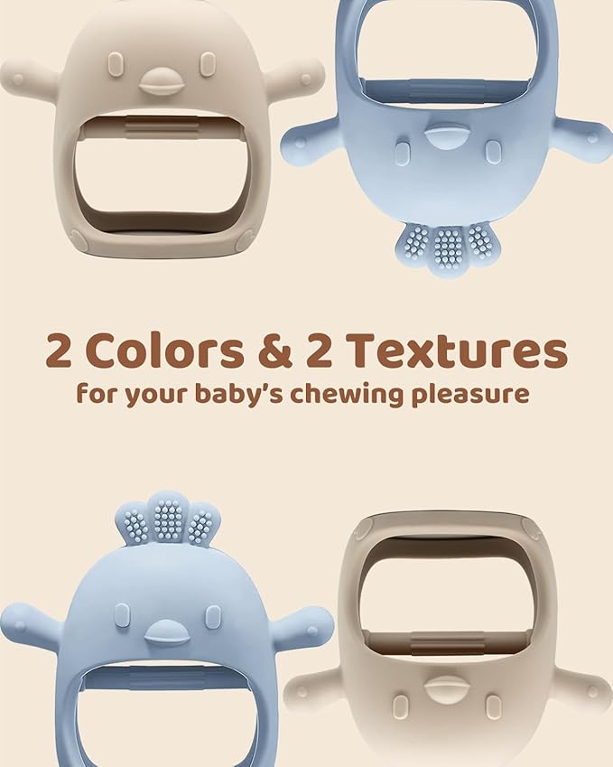 2 Pack Baby Teething Toy Silicone Teething Mitten for Babies Over 3 Months Anti Dropping Wrist Hand Teethers Baby Chew Toys for Sucking Needs, BPA Free (Blue & Caramel)
