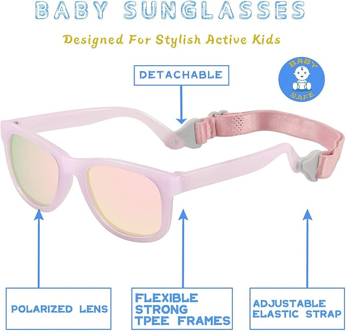 MAXJULI Baby Infant Sunglasses Safe, Soft, With Adjustable Strap 0-24 Months BPA Free 7002