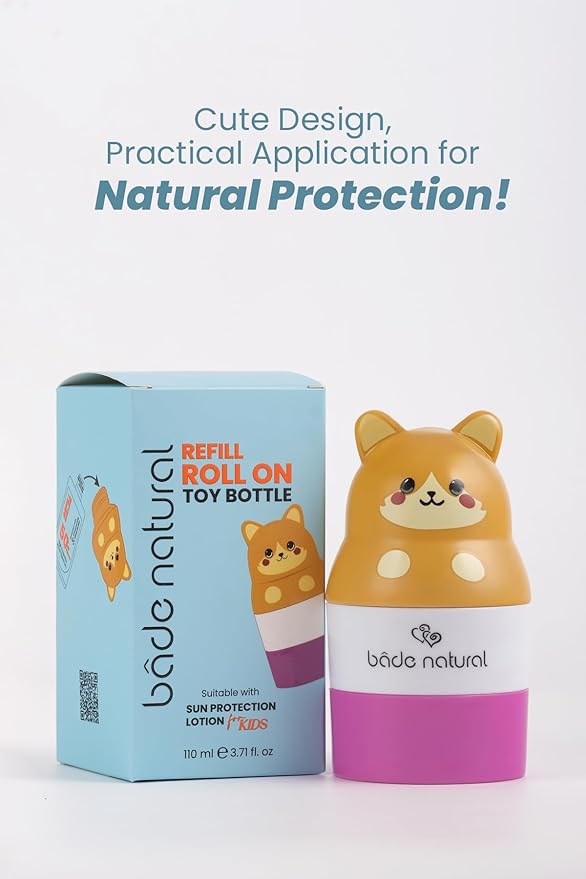 Bade Natural Refillable Cat-Shaped Sunscreen Applicator for Kids – 3.7 fl oz (110 ml) Roll-On Bottle – Empty, Reusable Dispenser for SPF Lotion – Soft Applicator Tip, Travel-Friendly