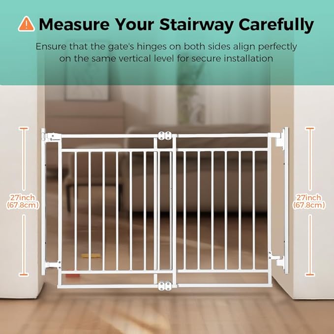 COMOMY 27.5-43" Baby Gate No Bottom Bar for Stairs and Doorways, 2-in-1 Auto Close Dog Gate Indoor for the House, Hardware Mounted Pet Gate with Large Walk Thru Door, Child Safety Gate for Dogs, White