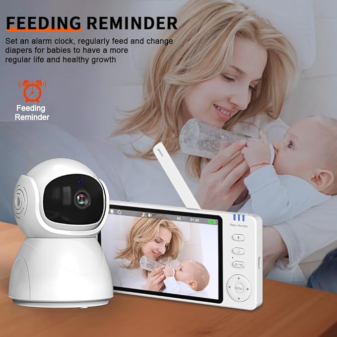 5" Video Baby Monitor with Camera and Audio, 720P HD Wireless No WiFi No App, 2-Way Talk,Voice Motion Detection, 8 Lullabies, 1000ft Long Range, Night Vision, Temperature & Feeding Alarm, 355° PTZ