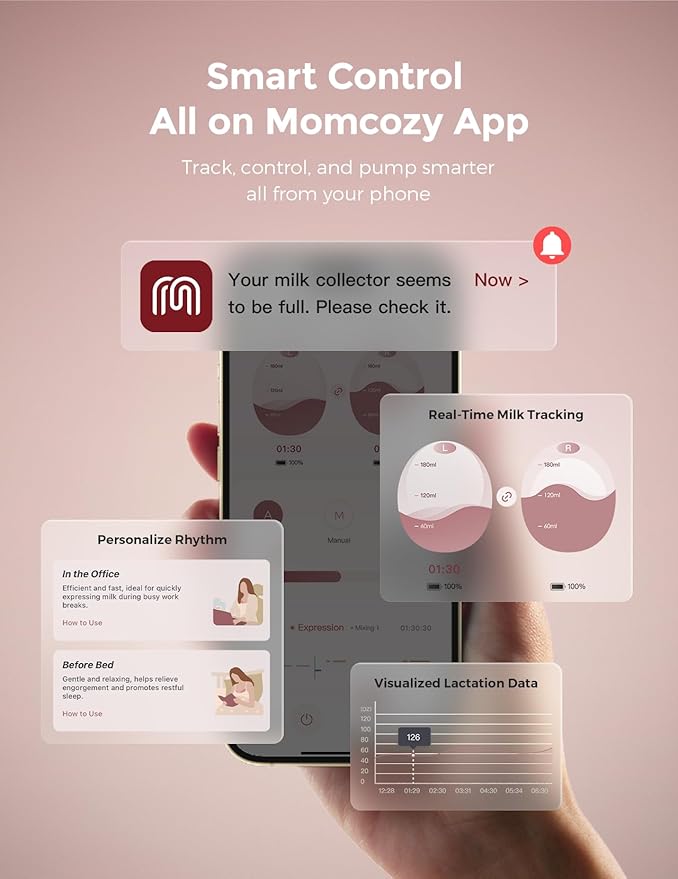 Momcozy Air 1 Ultra-Slim Breast Pump, Hands-Free Wearable Pump with Wireless Charging Case & App Control with Auto Mode & Full-Milk Alert, Industry-First Transparent Top for Easy Nipple Alignment