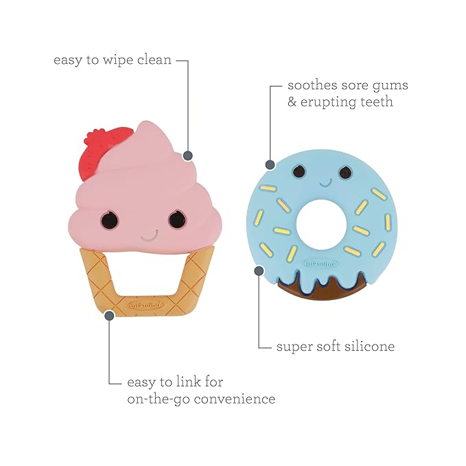 Infantino Sweet Tooth Silicone Teethers, Textured Baby Teething Toy, Ice Cream and Donut, 2-Pack