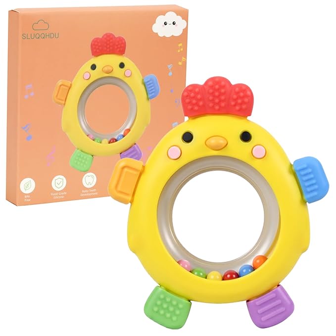 Baby Teether Rattle Toy,Babies Teething Rings Toys for 0-6 6-12 Months,Chicken Shape Textured Silicone Chew Toy for Gum Relief,Silicone Teether,BPA Free Baby Chew Toys Newborn Accessories