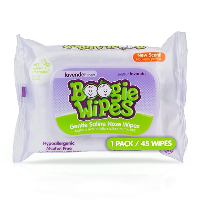 Saline Nose Wipes by Boogie, for Baby & Kids, Face, Hand & Body, FSA/HSA Eligible, Made with Vitamin E, Aloe, and Natural Saline, Lavender Scent, 45 Count (Pack of 1)