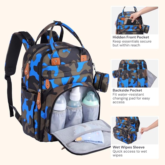 BabbleRoo Diaper Bag Backpack - Baby Essentials Travel Tote - Multi Function Water Resistant Diaper Bag, Travel Essentials Baby Bag with Changing Pad, Stroller Straps & Pacifier Case - Blue Camo