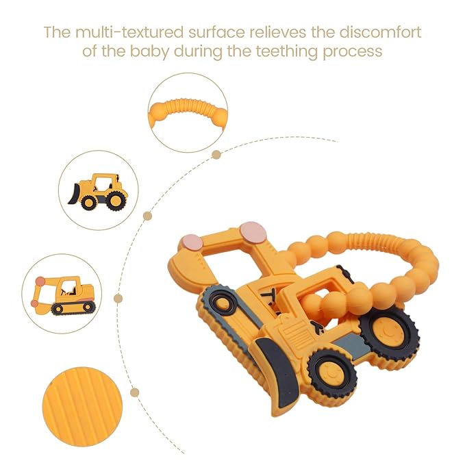 Silicone Baby Ring Toy with Excavator,Bulldozer Teethers,Must Haves Teething Relief Chew Toys for 0-6,6-12 Months Boys and Girls,Newborns Essentials,Safe and Soft,BPA Free.
