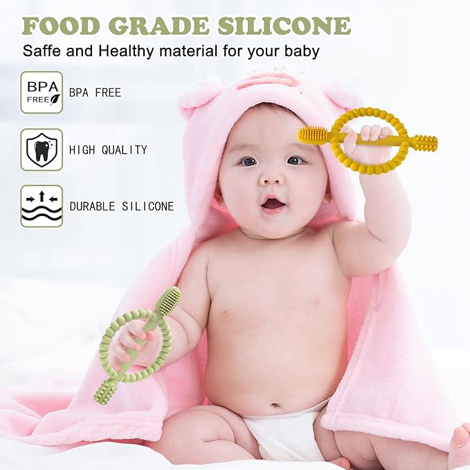 Baby Teething Toys with Easy-Hold Handle, Silicone Infant Toothbrush, Textured On Both Sides Helps Massage, Soothe Sore Gums, Teething Toys for Babies 0-6 Months, 6-12 Months