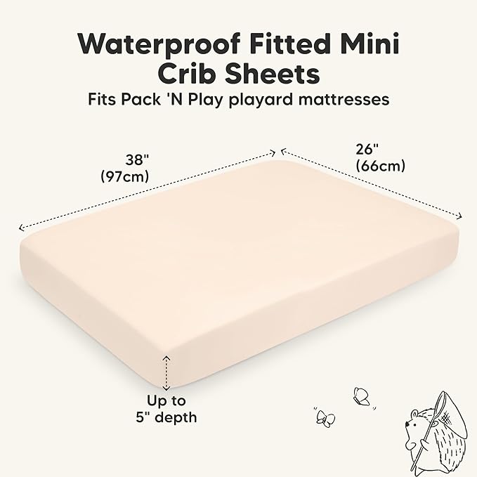 2-Pack Waterproof Pack and Play Sheets, Mini Crib Sheets Fitted for Boy, Girl - 38 x 26 Viscose from Bamboo Pack N Play Mattress Sheets for Graco, Toddler Playard Baby Crib Sheets Neutral (Cameo)