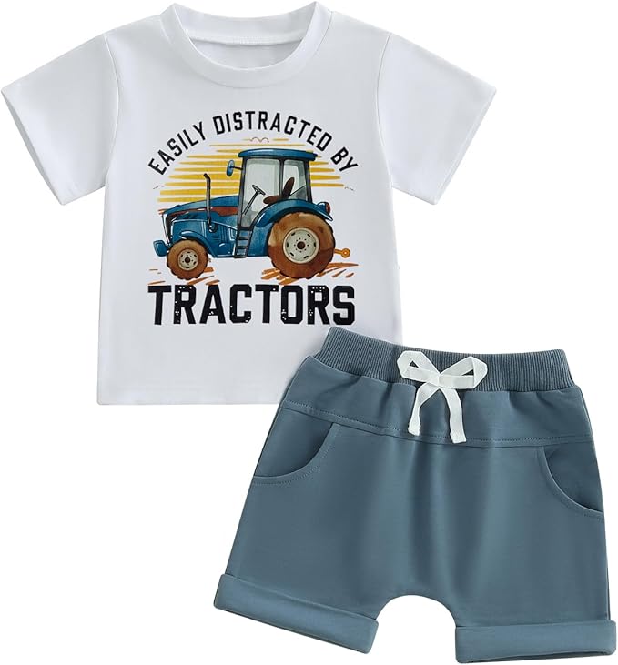 Toddler Baby Boy Clothes Summer Short Sleeve Trucks Tractors Print T-Shirt Tops Solid Color Shorts Set Casual Outfit