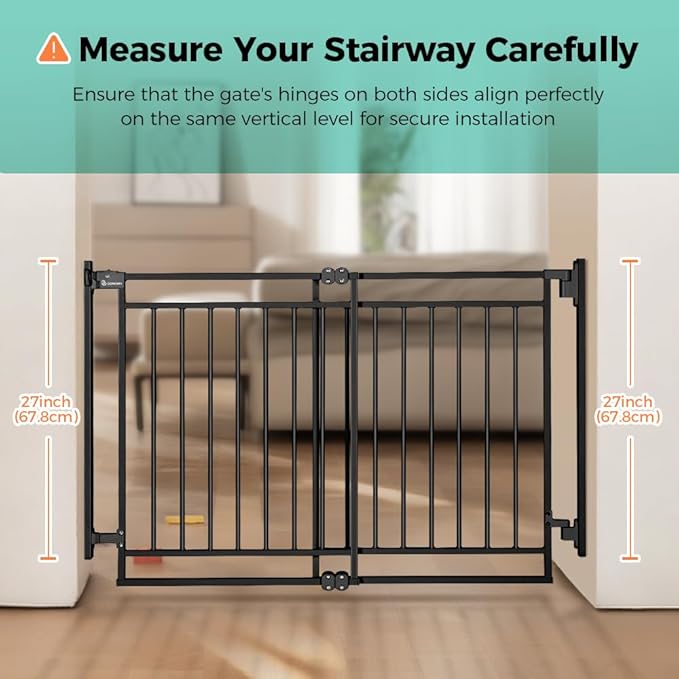 COMOMY 27.5-43" Baby Gate No Bottom Bar for Stairs and Doorways, 2-in-1 Auto Close Dog Gate Indoor for the House, Hardware Mounted Pet Gate with Large Walk Thru Door, Child Safety Gate for Dogs, Black