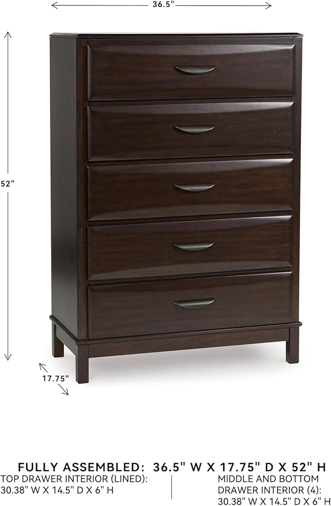 Signature Design by Ashley Vanmore Contemporary 5-Drawer Chest with Felt-Lined Top Drawer and Easy Glide for Bedroom, Dark Brown