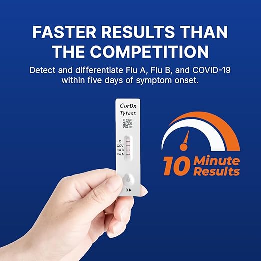 CorDx Tyfast at Home Flu A/B and COVID 19 Rapid Test Kit, Easy, Accurate, Fast Results in 10 Minutes. (90-Pack, 180 Tests)