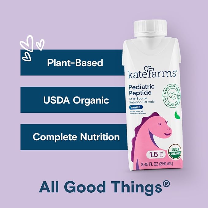 KATE FARMS Organic Pediatric Peptide 1.5 Formula, Vanilla, Sole-Source Hydrolyzed Plant-Based Nutrition for Oral or Tube Feeding, 8.45 oz (12 pack)