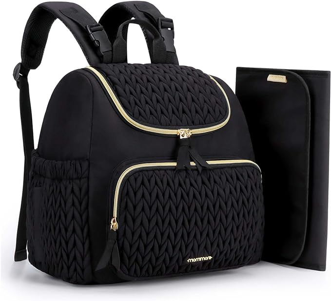 mommore Diaper Bag Backpack, Stylish Travel Baby Bag with Insulated Pockets, Changing Pad and Stroller Straps for Toddler (S-Black, Small-17L)