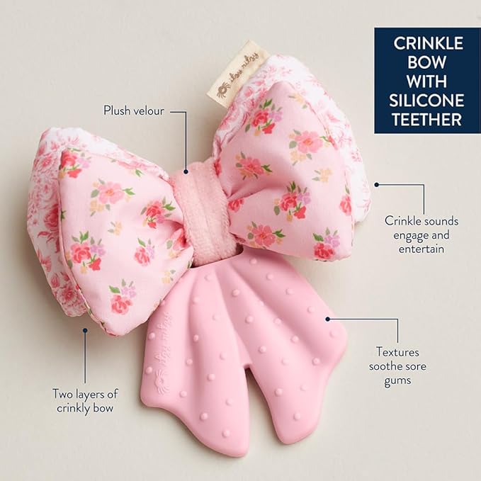 Itzy Ritzy Crinkle Teether Toy – Bow Teething Toy Includes Silicone, Velour & Crinkle Material – Features Multiple Textures for Teething Relief – Designed for Ages 3 Months and Up (Bow)