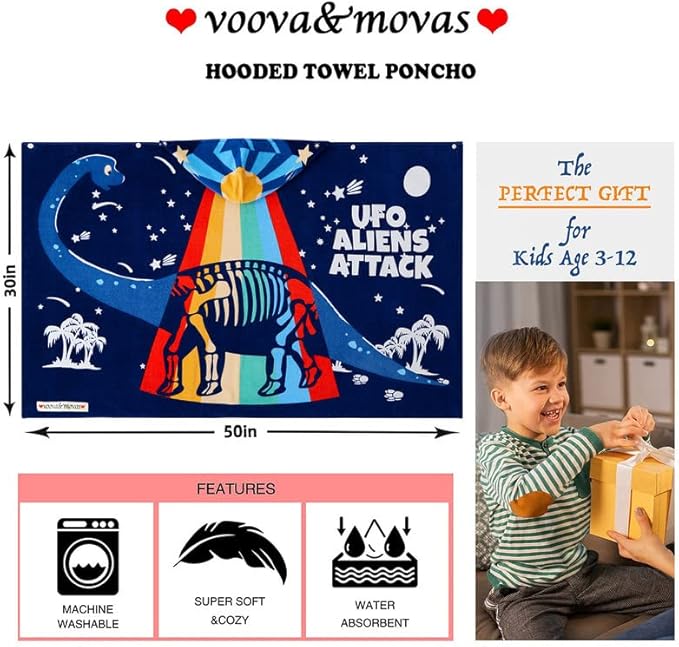 VOOVA & MOVAS Toddler Bath Towel with Hood for Kids Age 3-8, 30''X50, Soft | Thick | Absorbent Cotton Wrap Blanket, Beach, Pool, Swim | Bath Use, Dinosaur Under The UFO