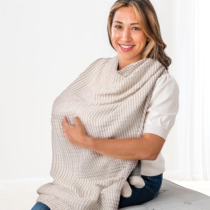 Itzy Ritzy Breastfeeding Boss Multi-Use Cover – A Nursing Cover, Swaddle, Car Seat Wrap, Tummy Time Mat & Burp Cloth All in One – Made of Soft Muslin Fabric & Measures 47” x 47” (Taupe Stripe)