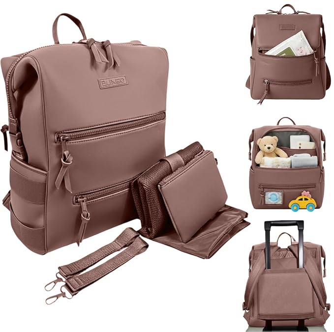Neoprene Diaper Bag, Minimalist Backpack Diaper Bag with Pouch, Changing Pad, and Stroller Straps, Water Resistant and Lightweight Baby Girl Diaper Bag, Diaper Bag Backpack, Mauve