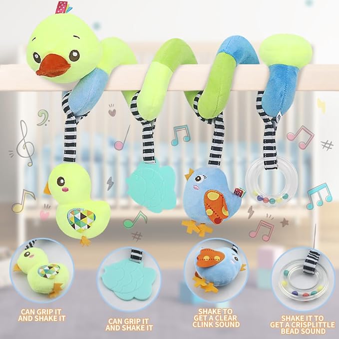 Caterbee Baby car seat Toys, Activity Spiral hangings pram Toys, Plush Crib Toys with Squeaky for boy or Girl (Duck)