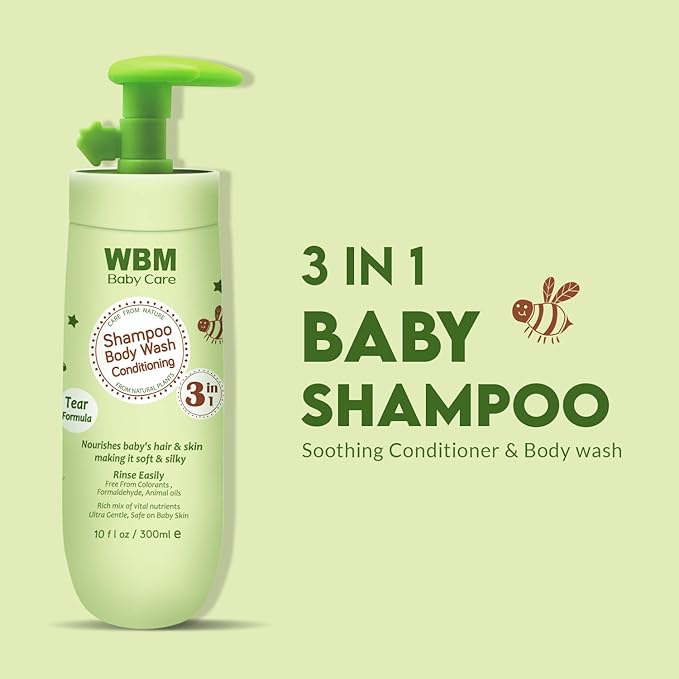 WBM Care 3-in-1 Baby Shampoo, enriched with honey, wheatgerm, and organic olive oil, nourishes baby hair with a gentle, tear-free formula for healthy care