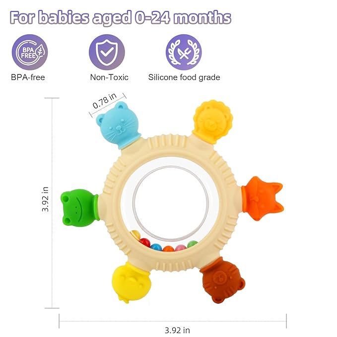Baby Teething Rings Toys for 0-6 6-12 Months Animal Rattle Teether Sensory Toys for Babies 0-24Months Silicone Teether Relief Chew Soothing Sore Gums for Newborn Infant Essentials BPA Free (Animal)