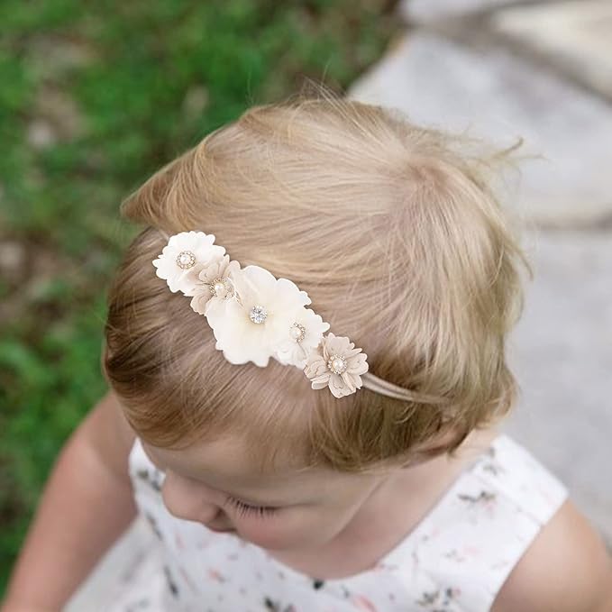 cherrboll 3pcs Baby Girl Headbands Flowers, Super Soft & Stretchy Nylon Floral Hairbands for Newborn Toddler
