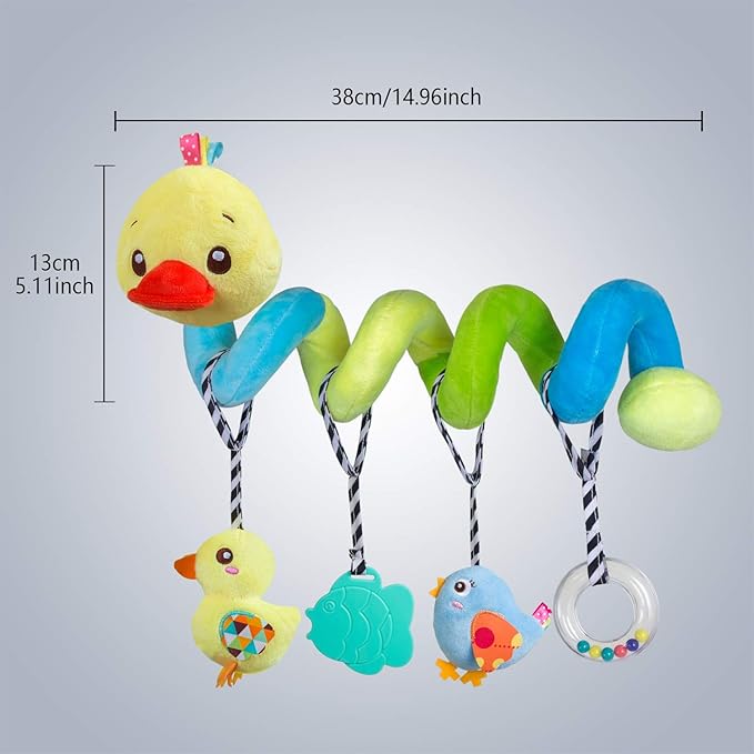 Caterbee Baby car seat Toys, Activity Spiral hangings pram Toys, Plush Crib Toys with Squeaky for boy or Girl (Duck)