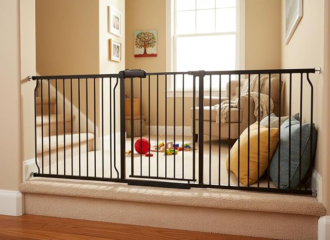 Extra Wide Baby Gate 85.8-90.5 Inch, Pressure Mounted No Drill, Extra Wide Safety Gate for Large Entries, White Metal with Extension Kit, Black