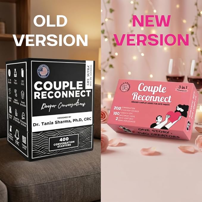 Life Sutra Couple Reconnect 3 in 1 Game - 200 Classsic Conversation Cards, 100 Scratch Off Date Adventures and Endless Date Nights Combinations with The Couples Dice Game. Ideal Valentine's Gift