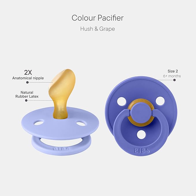 BIBS Colour Anatomical Soother 2-Pack, BPA Free Dummy Pacifier, Orthodontic Nipple. Natural Rubber Latex, Made in Denmark, Size 2 (6-18 Months), Hush/Grape