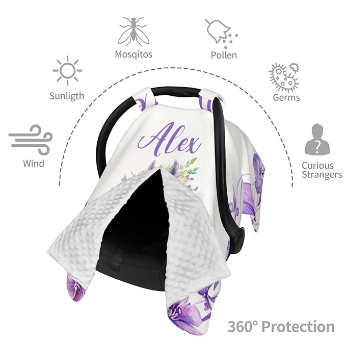 Personalized Baby Girl Car Seat Canopy for Babies, Custom Name Baby Car Seats Cover for Girls, Floral Horse Opening Minky Nursing Breastfeeding Covers for Infant, Carseat Canopies for Newborn