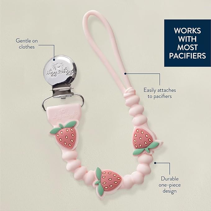 Itzy Ritzy Silicone Pacifier Clip; 100% Food Grade Silicone Pacifier Strap with Clip Keeps Pacifiers, Teethers & Small Toys in Place; Features One-Piece Design & Cord (Strawberry)