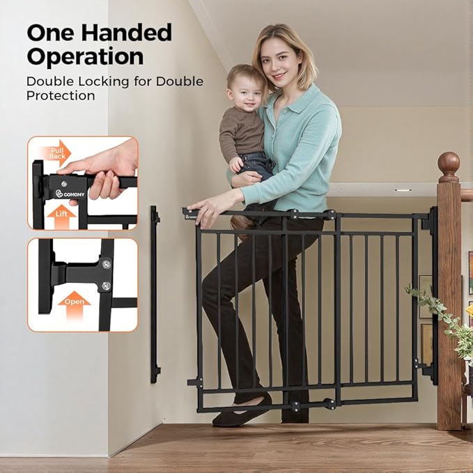 COMOMY 27.5-43" Baby Gate No Bottom Bar for Stairs and Doorways, 2-in-1 Auto Close Dog Gate Indoor for the House, Hardware Mounted Pet Gate with Large Walk Thru Door, Child Safety Gate for Dogs, Black
