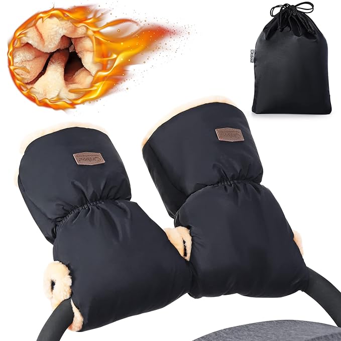 Orzbow Faux Sheepskin Stroller Gloves, Universal Winter Anti-Freeze Stroller Mittens, Waterproof Extra Thick Hand Muff for Cold Weather, Cozy & Warm, Black