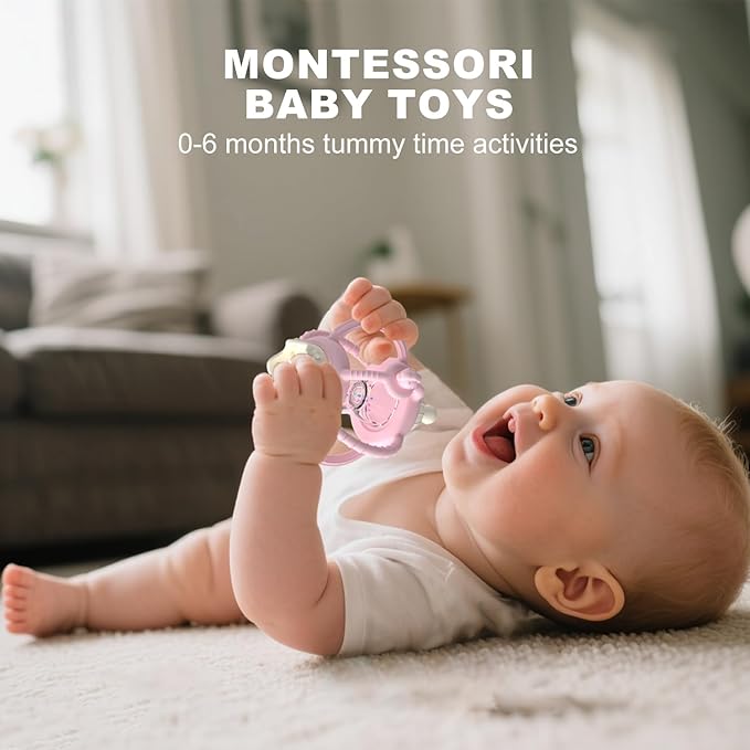 Teething Rattles for Babies 0-6 Months 6-12 Months, Silicone Rattle Teether with Pacifier, Baby Montessori Toys 6-18 Months, Infant & Toddler Molar Teething Relief, Boys Girls Essential Gifts (Pink)