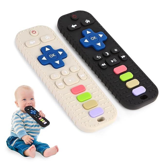 Hooku 2 Pack Silicone Teethers for Babies 0-6 months, Teething Toys for Babies 6-12 Months, Baby Remote Control Toy, Infant Toys 0-3 months, Sensory Chew Toys, Toddler Newborn Baby Girl Boy Gifts