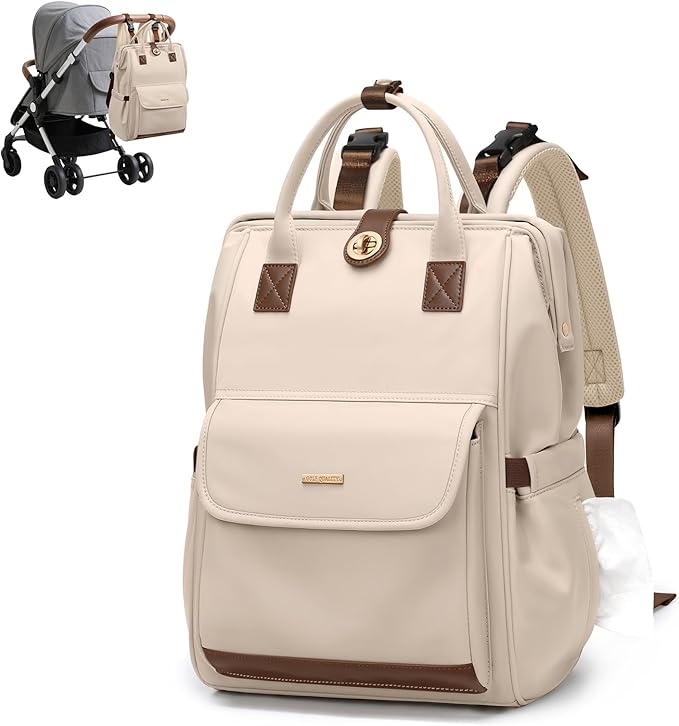 Diaper Bag Backpack,Multi Function Water Resistant Diaper Bag With Hook,Casual Hanging diaper bag for mom,16 Inch,Apricot