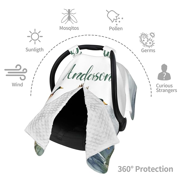 Personalized Baby Car Seat Canopy for Babies, Custom Name Baby Car Seats Cover for Boys Girls, Mallard Duck Opening Minky Nursing Breastfeeding Covers for Infant, Carseat Canopies for Newborn