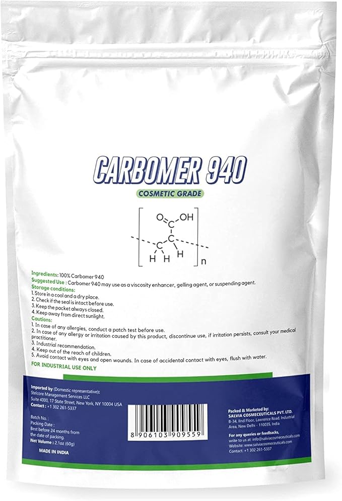 Carbomer 940 Powder (60 g / 2.1 oz) Pack of 2 - Cosmetic Grade Thickening & Gelling Agent for DIY Serums Gels Creams & Lotions